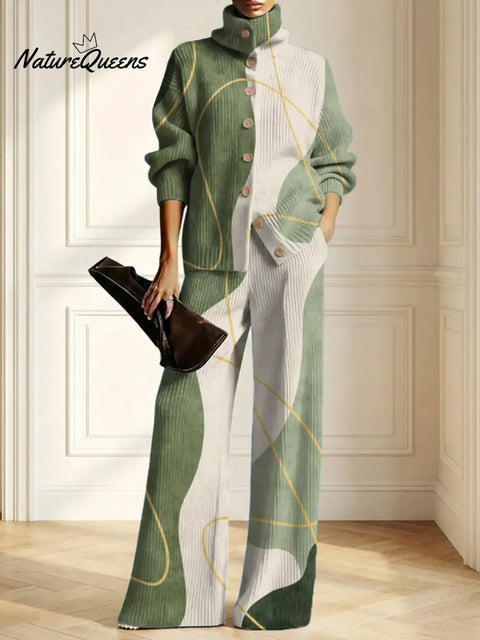 Women's Abstract Pattern Art Print Casual Cotton Knitted Suits