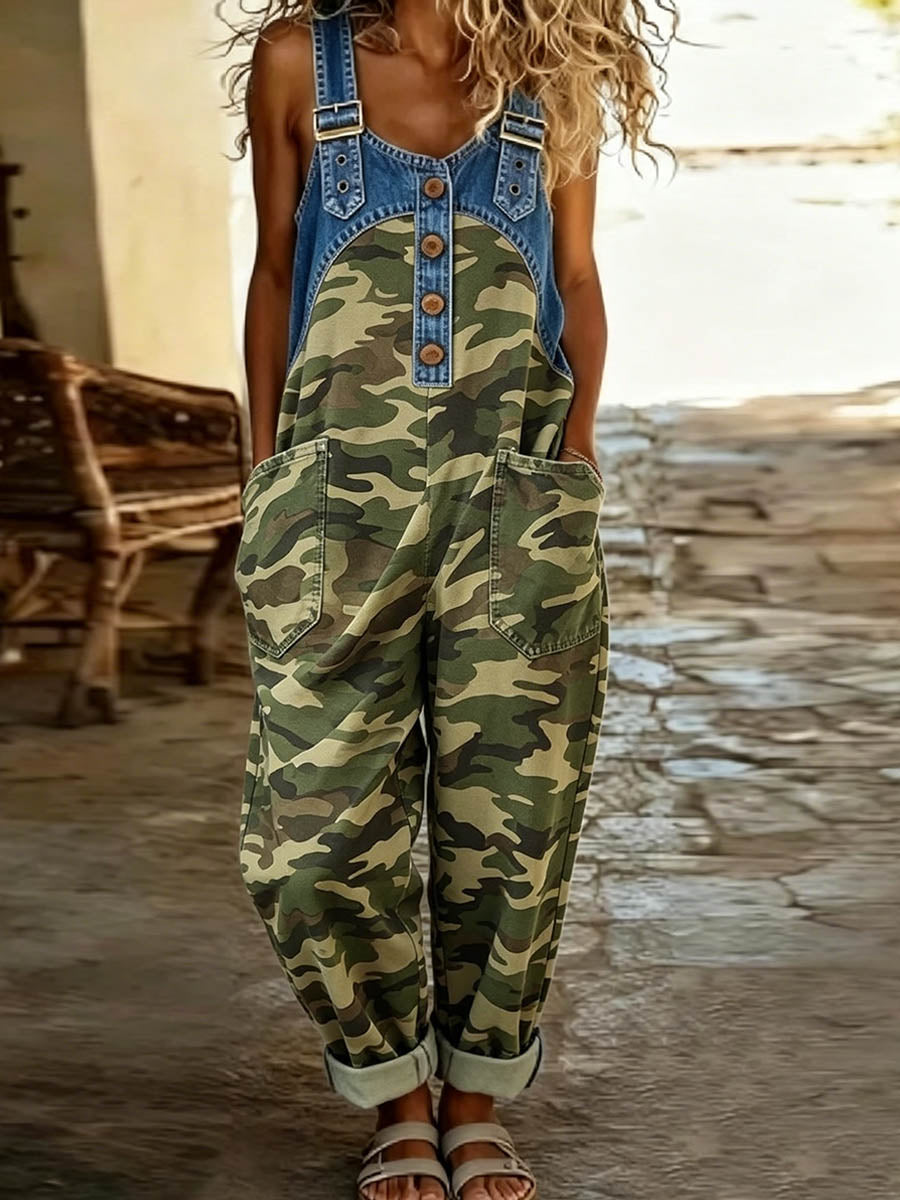 Women's Sleeveless Camouflage Print Casual Loose Denim-paneled Wide-leg Jumpsuit