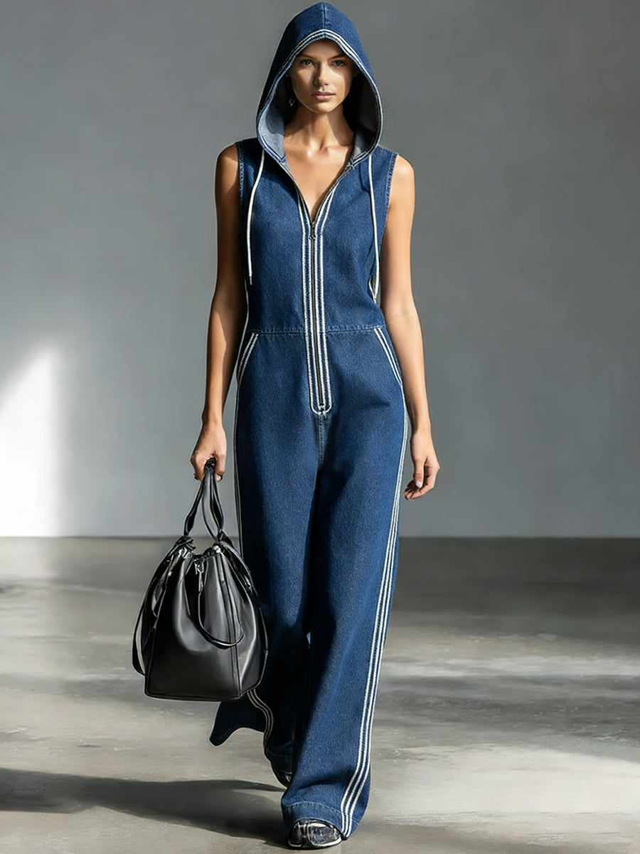 Casual Patchwork Striped Hooded Denim Jumpsuit