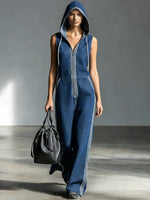 Casual Patchwork Striped Hooded Denim Jumpsuit