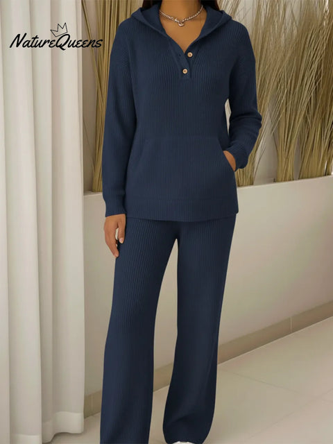 Casual Travel Button Hooded Top and Pants Two-Piece Set