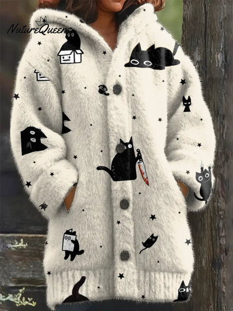 Cozy Cute Cats  Art Print Casual Plush Warm Coat