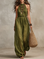 Boho Casual Olive Green Mock-neck Wide-leg Jumpsuit