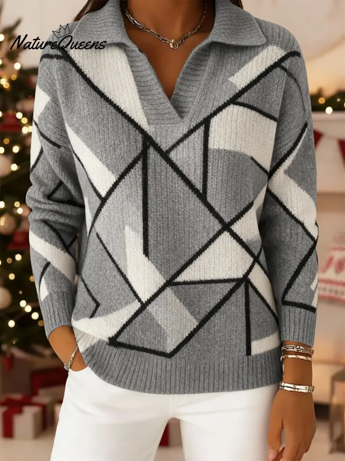 Women's VintageGeometric Lines Art Print Casual Sweater