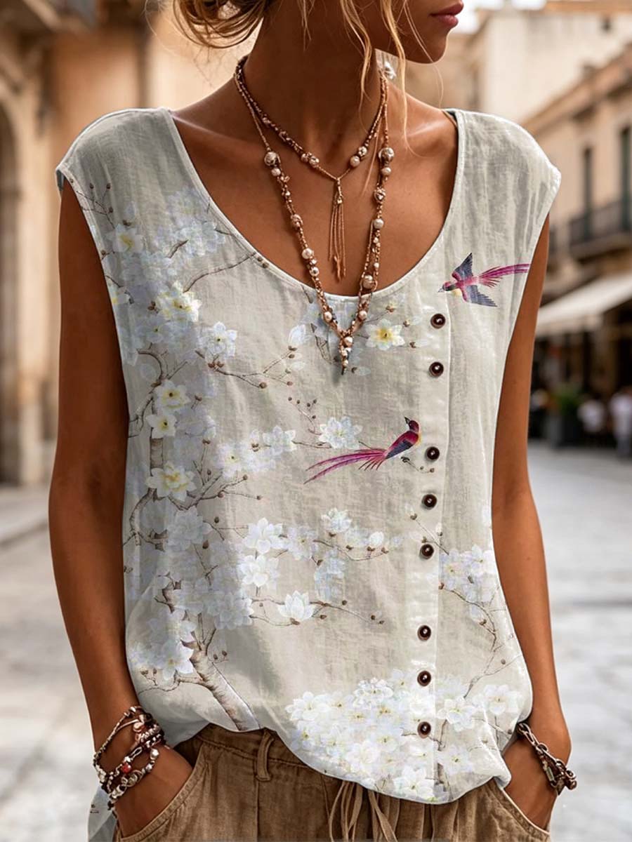 Women's Floral Birds Pattern Art Print Casual Sleeveless Cotton Shirt