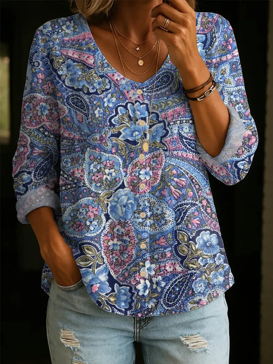 Women's Vintage Floral Pattern Art Print Casual Cotton Linen Shirt