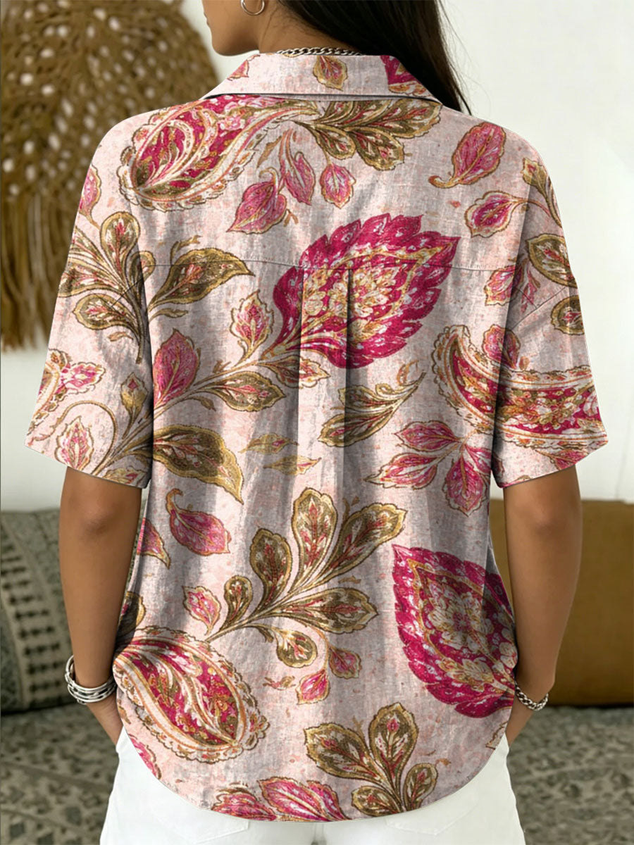 Women's Vintage Botanical Floral Casual Polo Collar Short-sleeved Linen And Cotton Shirt