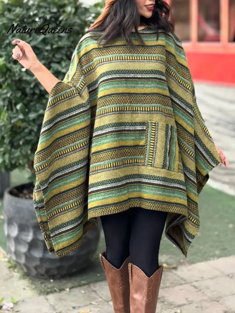 Women's Geometric Print Crew Neck Long Sleeve Casual Loose Cape Top