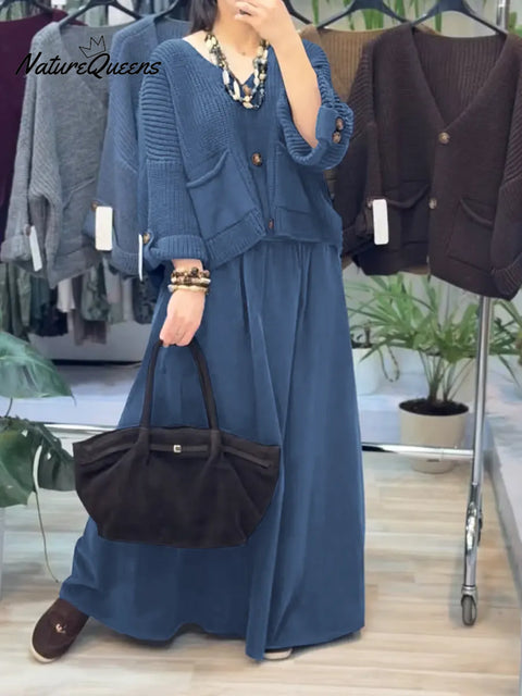 Women's Solid Color V-Neck Long-Sleeve Casual Loose Knit Cardigan Set with Elastic Waist A-Line Skirt