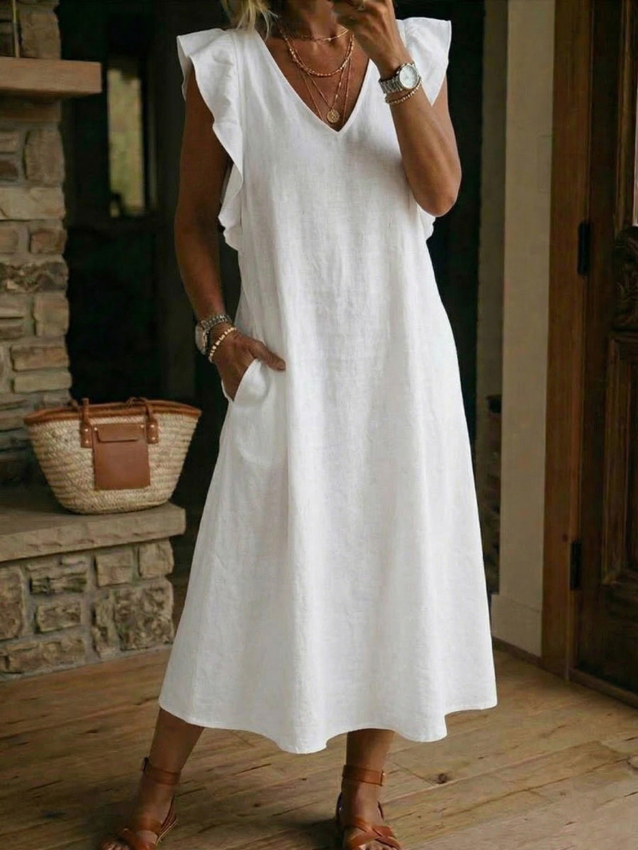 Women's Cotton-linen Back Straps And Flutter Sleeves Dress