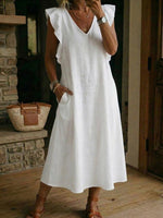 Women's Cotton-linen Back Straps And Flutter Sleeves Dress