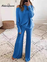 Women's Solid Color Round Neck Long Sleeve Casual Loose Knit Top and High Waist Casual Loose Wide-Leg Pants Set