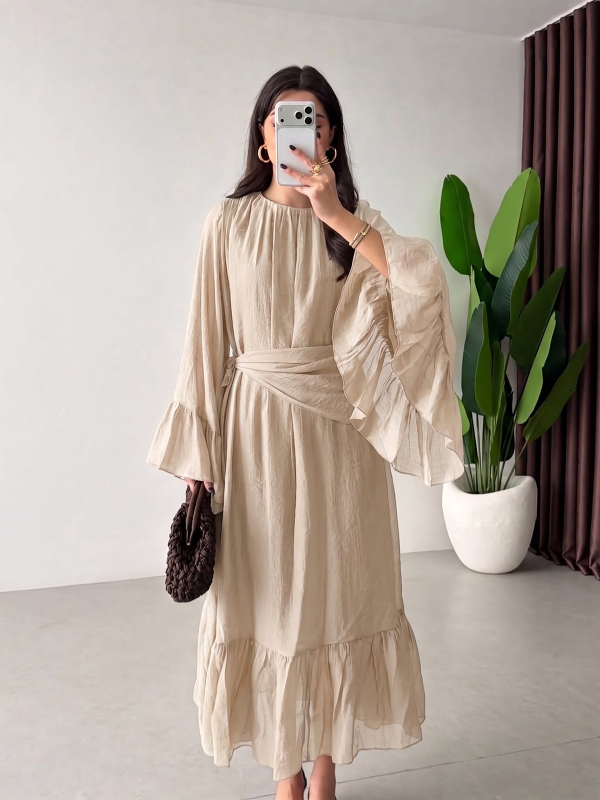 Women's Crew Neck Ruffled Flare-sleeve Midi Dress – Chiffon Dress With Waist Tie And Ruffle Details
