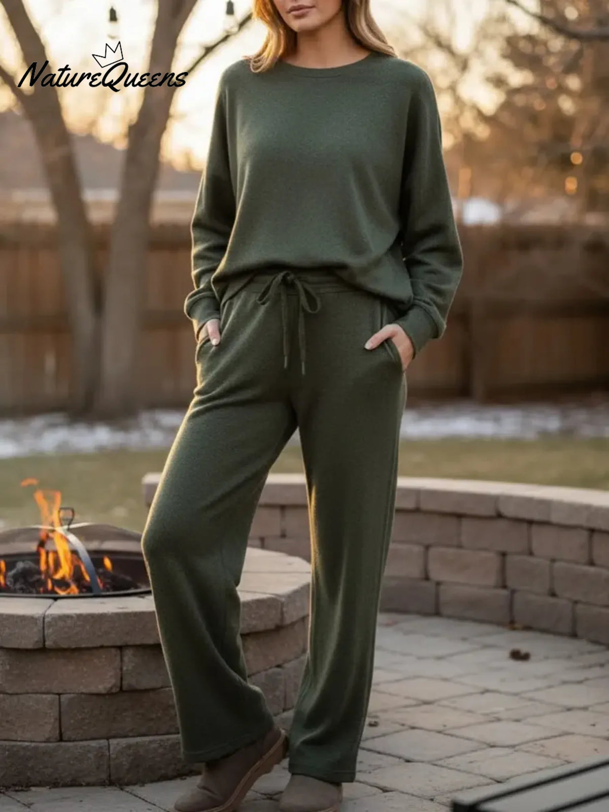 Women's Solid Color Round Neck Long Sleeve Casual Loose Top with Elastic Waist and Wide Leg Pants Set