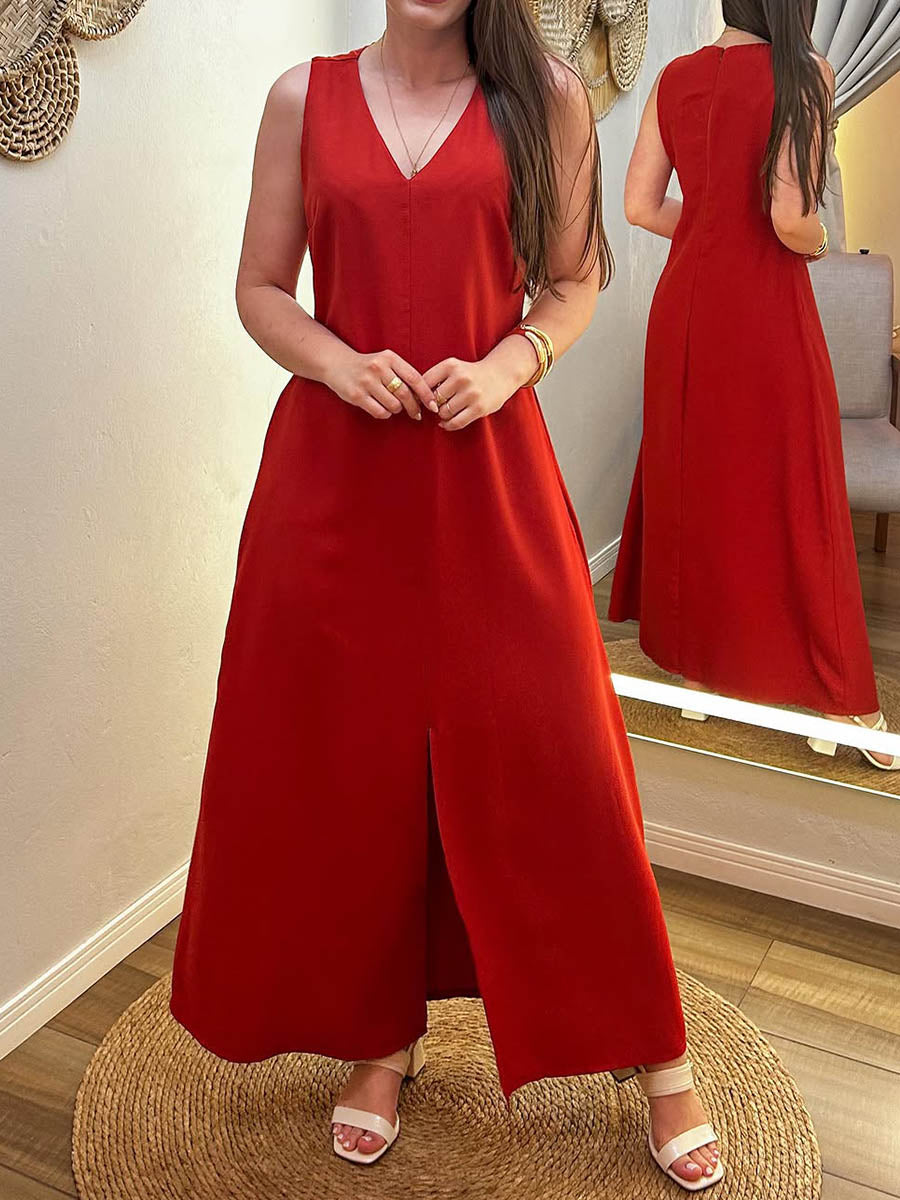 Women's Solid Color V-neck Sleeveless Casual Loose Cotton And Linen Dress