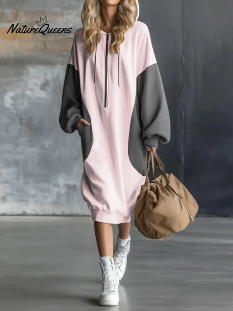 Women's Color-blocked Long-sleeved Hooded Dress