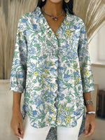 Women's Retro Gradient Flowers Floral Art Casual Denim V-neck Ruffled Shirt