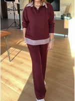 Women's Casual Striped Patchwork Cotton Sweatshirt And Pants Two-piece Set