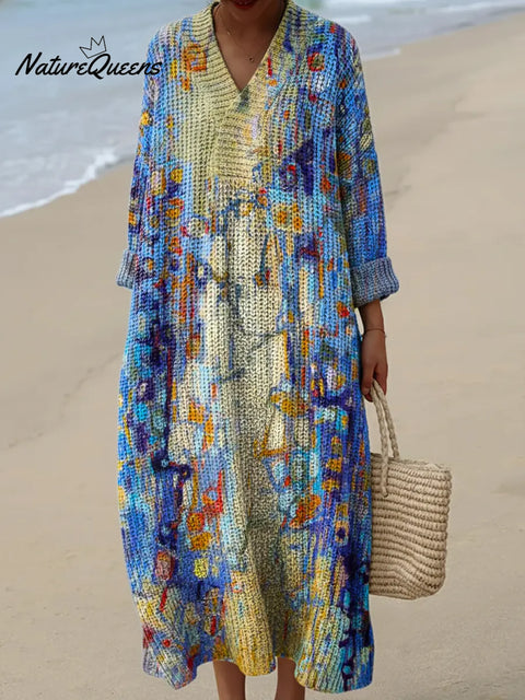 Women's Abstract Pattern Art Print Casual Cotton Knitted Dress