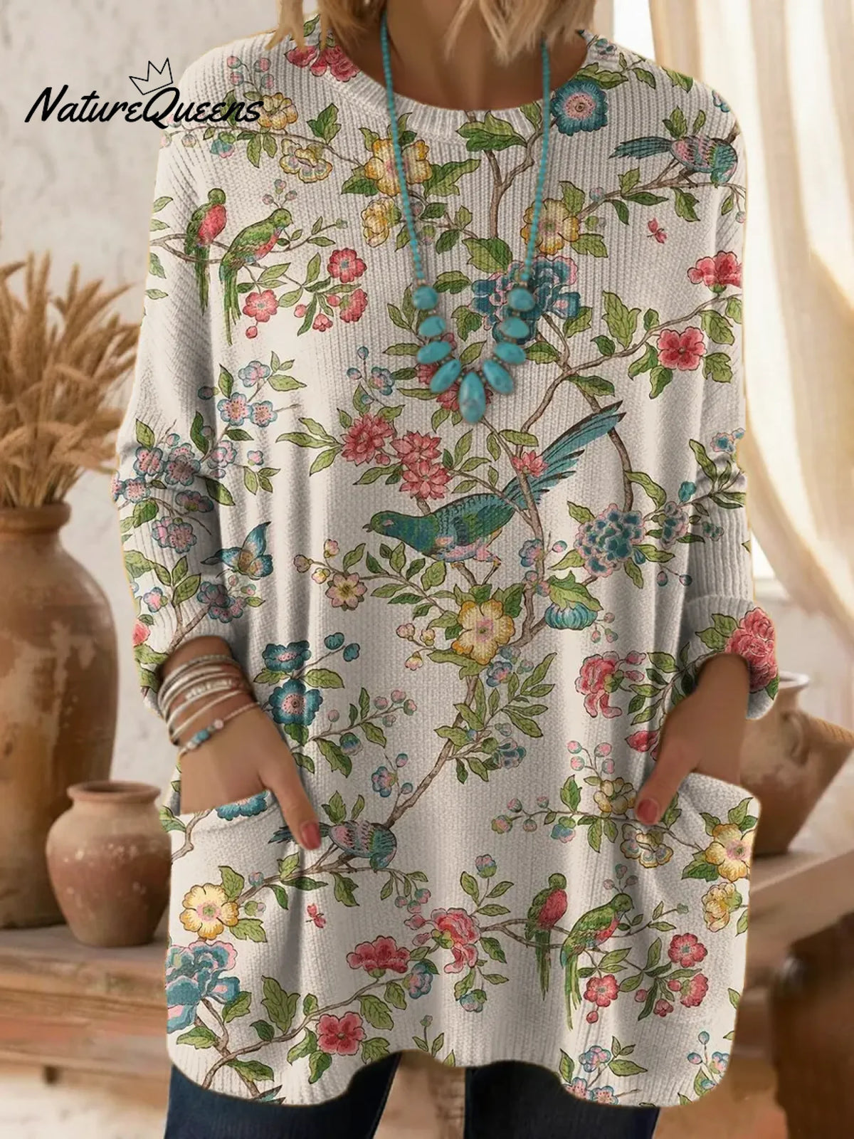 Women's Floral Pattern Art Print Casual Cotton Knitted Sweater