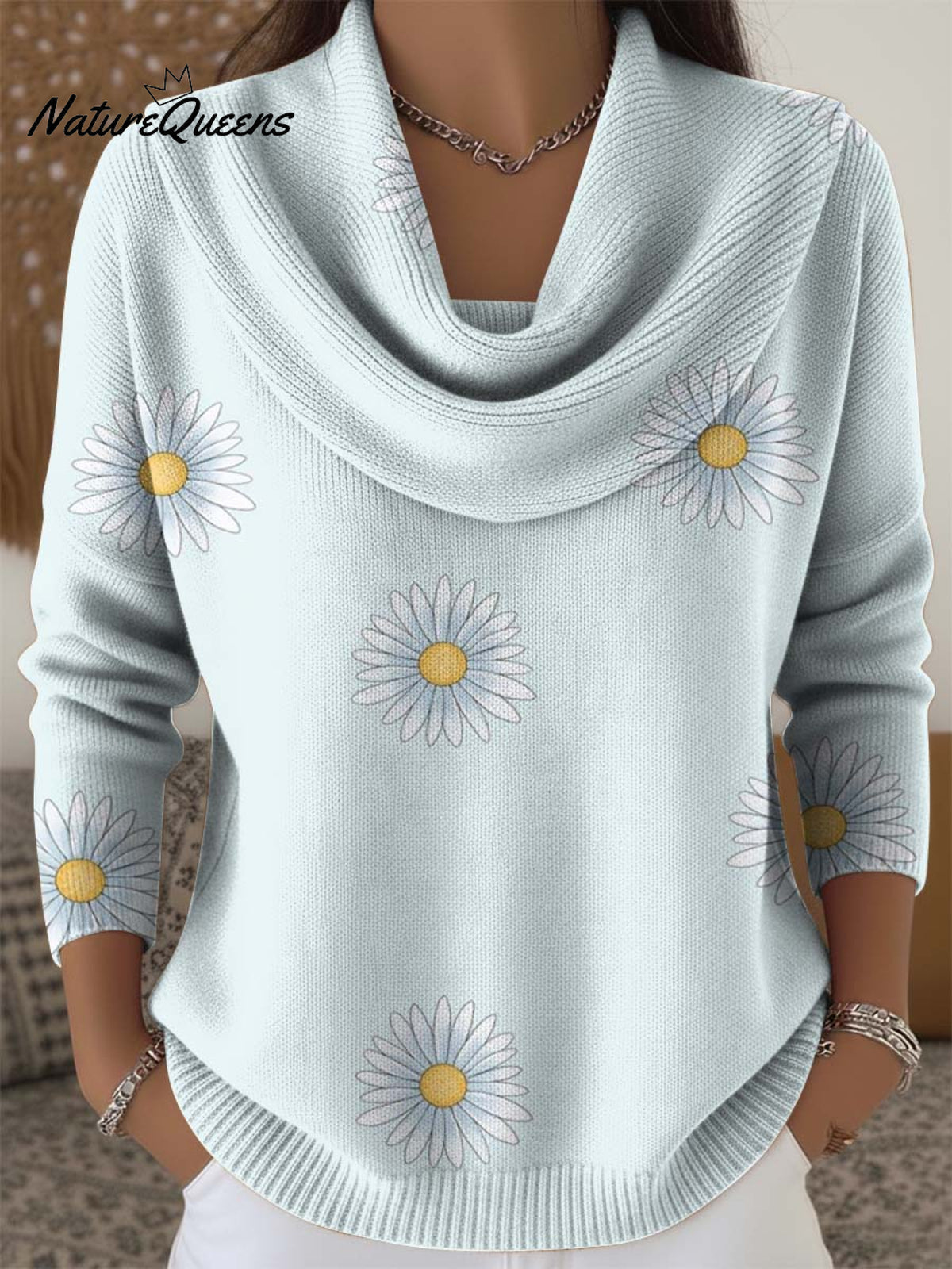 Fresh Daisy Decorative Pattern Women's Casual Swing Collar Long Sleeve Sweater