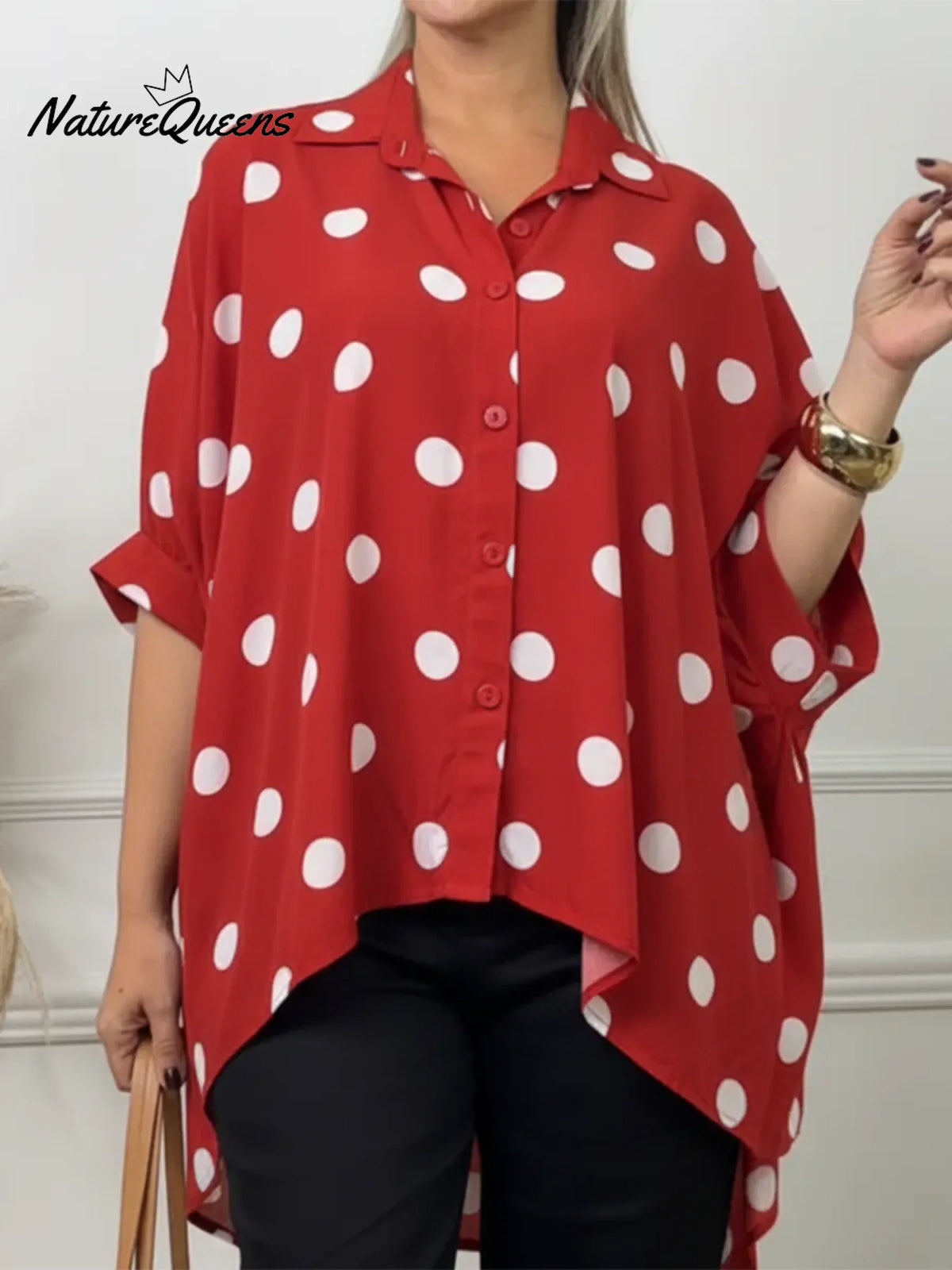 Artistic Polka Dot Print Irregular Hem Shirt