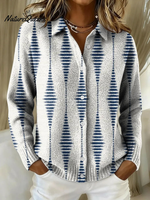 Women's Blue Artistic Striped Geometry Printed Collared Sweater