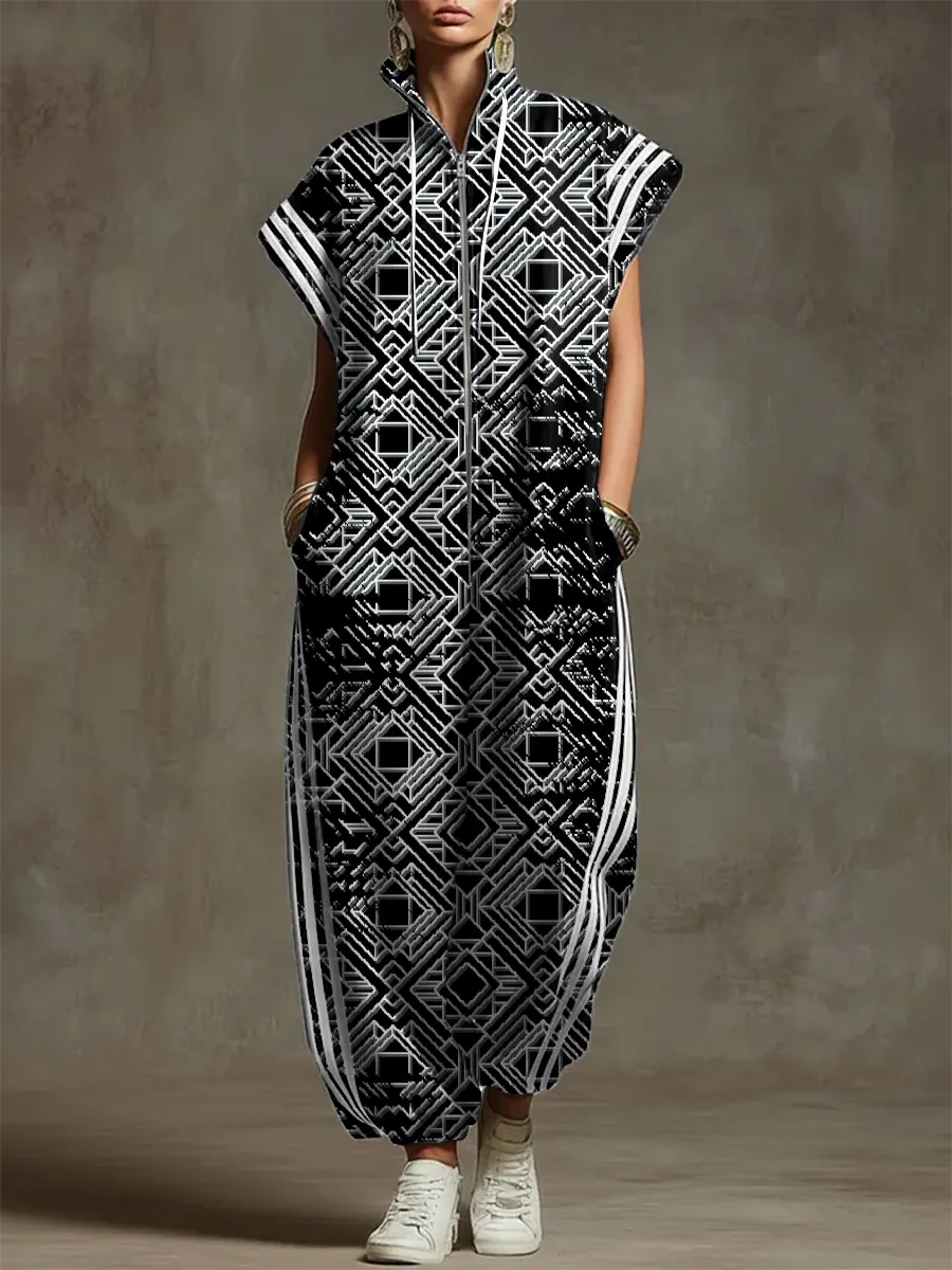 Women's Vintage Pattern Art Print Casual Cotton Jumpsuit