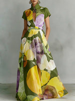 Elegant Stand-collar Floral Print Maxi Dress