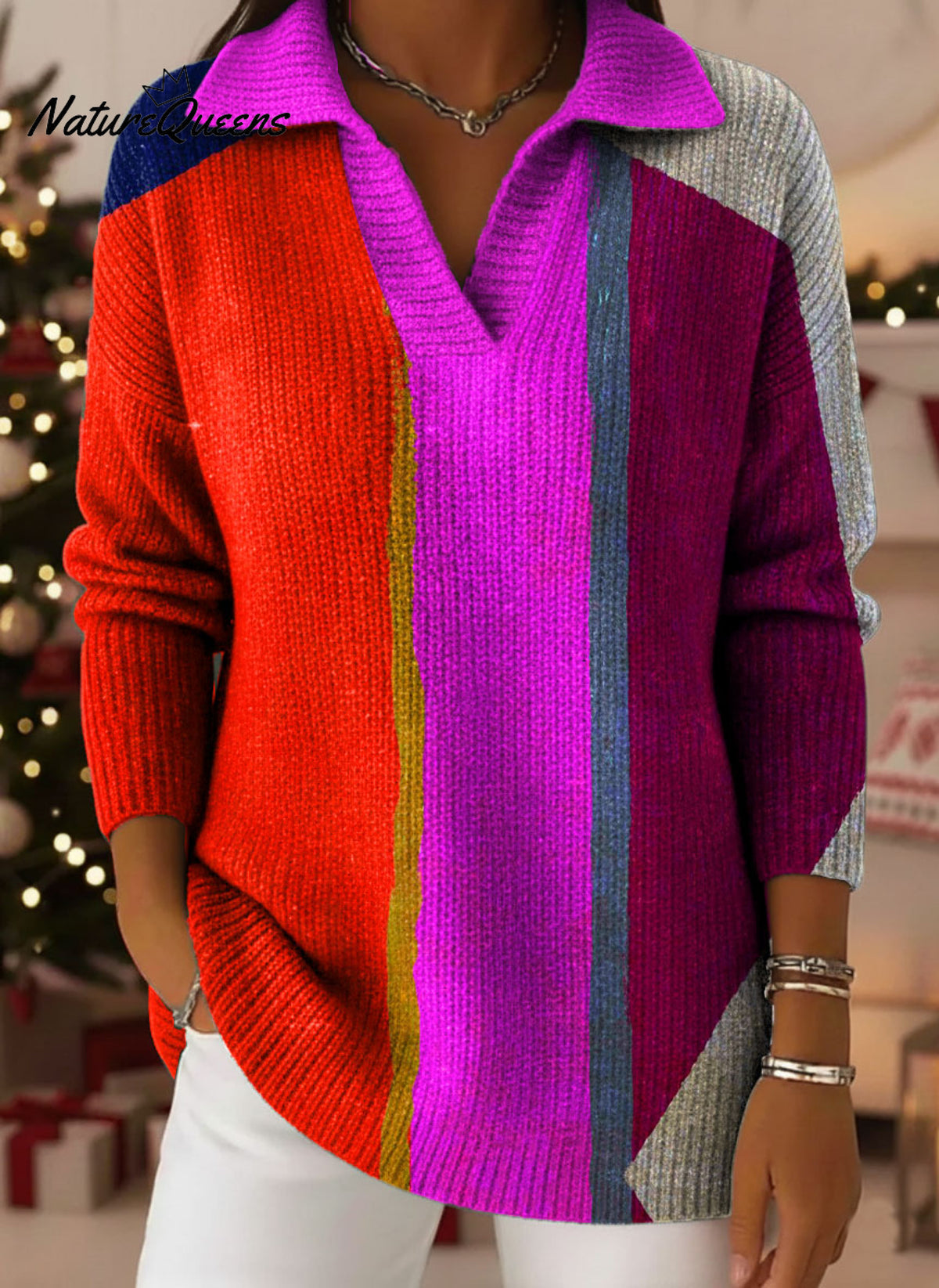 Geometry Color Block Art Pattern Polo Collar Shiny Loose Sweater Top
