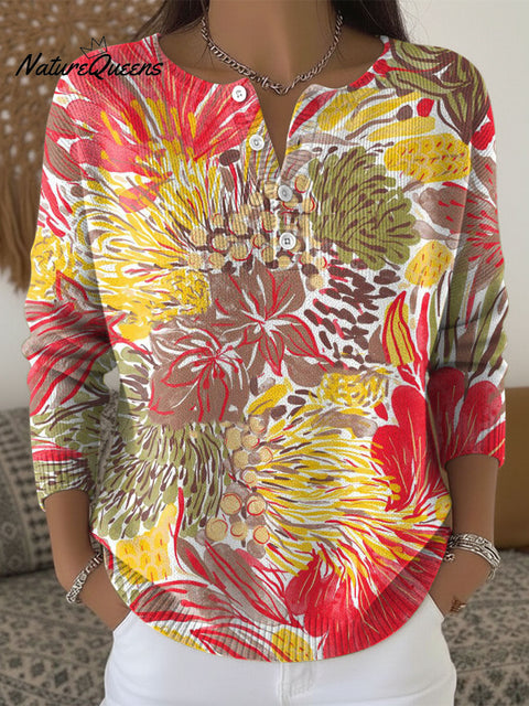 Women's Color Flowers Pattern Art Print Buttoned Cardigan Sweater