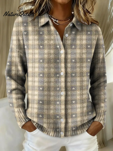 Women's Retro Plaid Little Heart Printed Collared Sweater