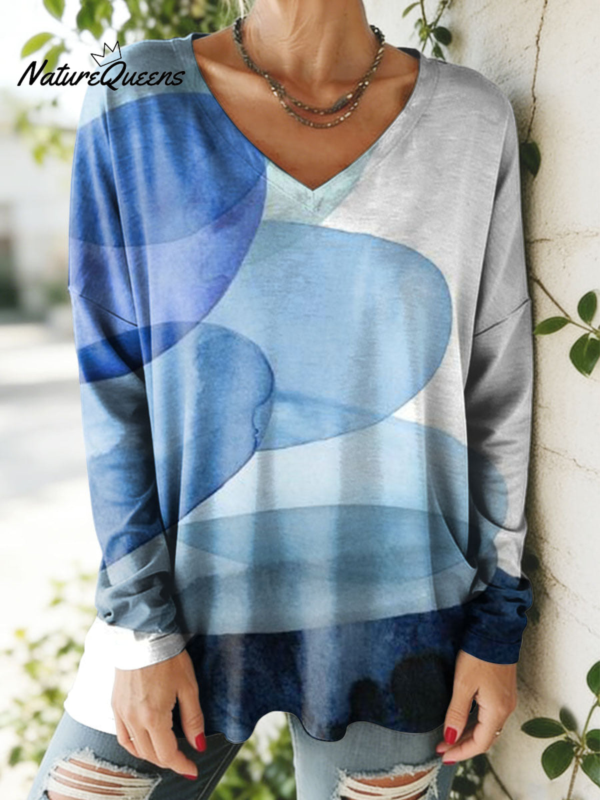 Women's Abstract Colors Pattern Art Print V-neck Casual Cotton T-shirt