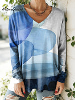 Women's Abstract Colors Pattern Art Print V-neck Casual Cotton T-shirt