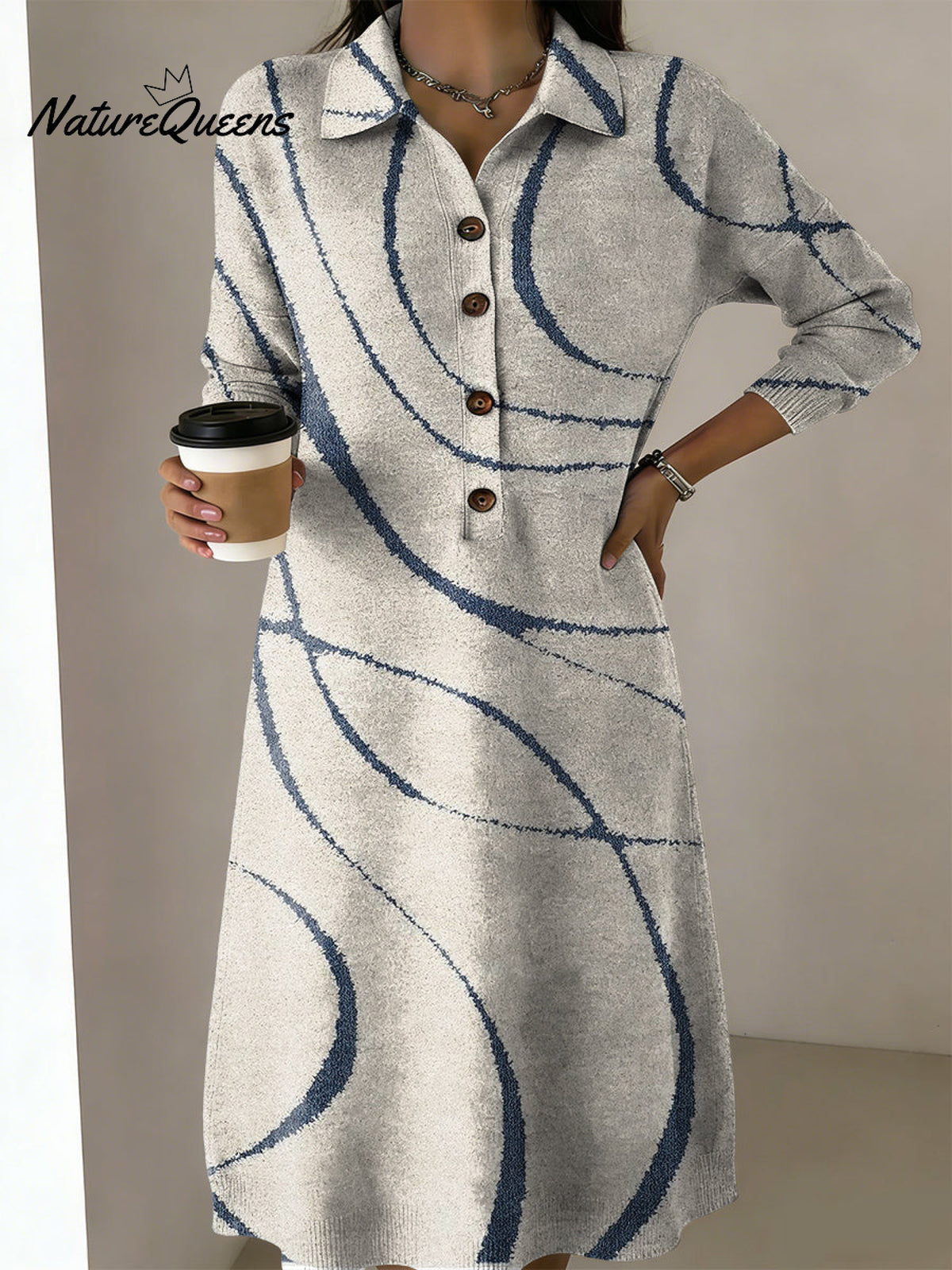 Women's Geometric Line Decorative Patterns Casual Shirt Collar Long Sleeve Dress