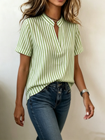Casual Striped V-neck Cotton-linen Blouse