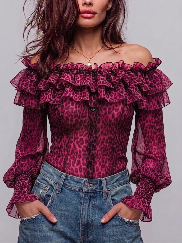 Stylish Off-shoulder Leopard Print Ruffled Blouse