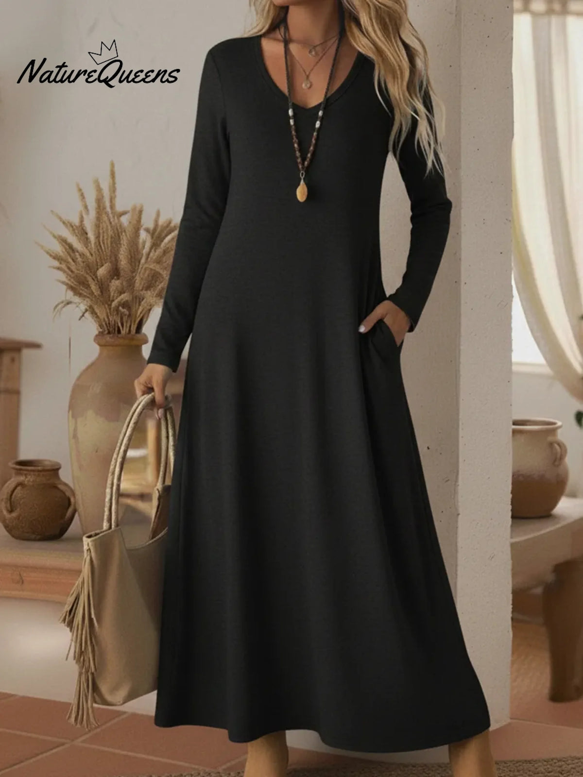 Cozy Basic Casual V-neck Solid Color Knit Dress