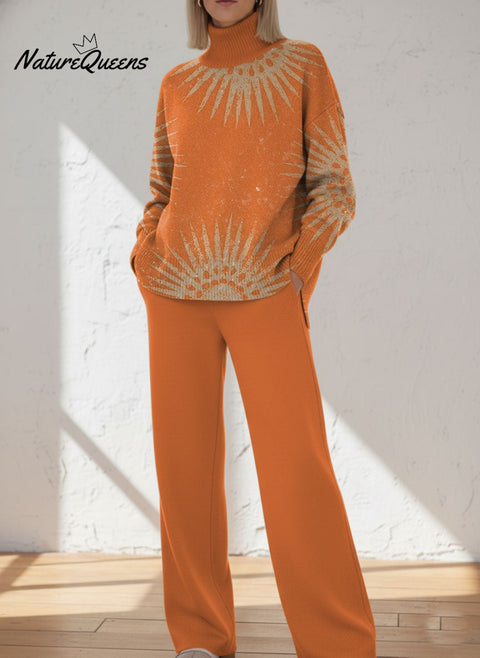 Women's Abstract Retro Flower Pattern Art Print Casual Knitted Cotton Top Pants Suit