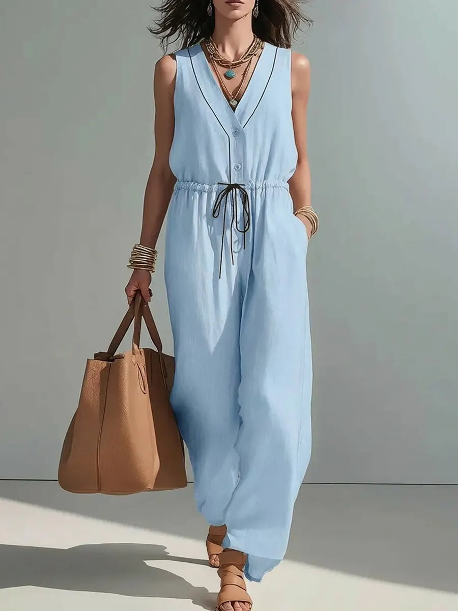 Women's Solid Color Art Button Stylish No Sleeve Cotton Jumpsuit