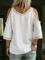 Women's Causal V-neck Off-shoulder Lace Trim Design Cotton Blouse