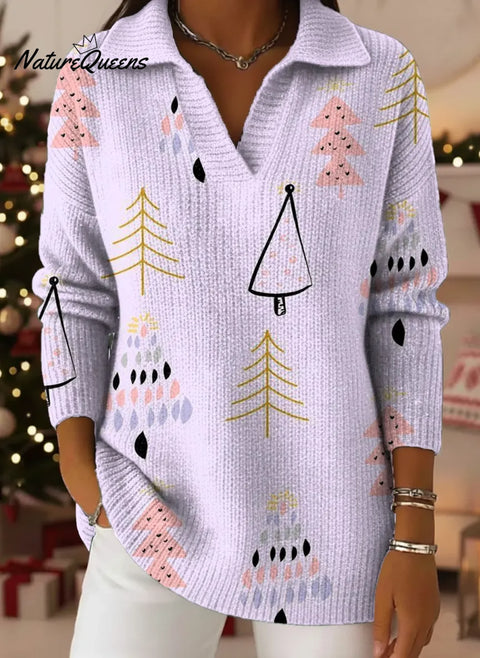 Women's Christmas Tree Pattern Art Print Casual Cotton Sweater