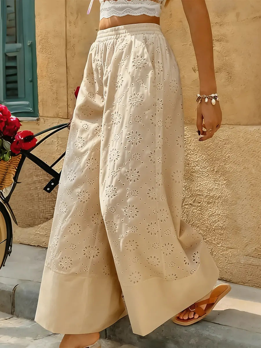 Women's Casual Lace Embroidered Cotton Wide-leg Pants