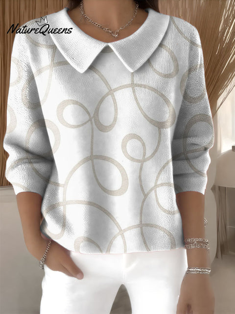 Twisted Geometric Line Decorative Pattern Women's Casual Peter Pan Collar 3/4 Sleeve Sweater