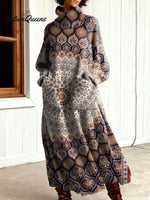 Women's Vintage Flower Art Print Casual Cotton Knitted Dress