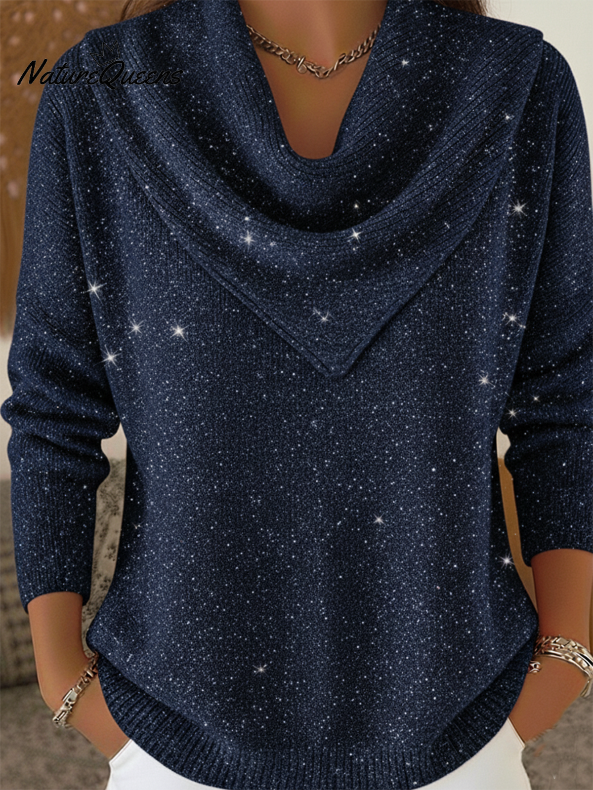 Vintage Soft Triangle Neck Sequined Shiny Sweater Top