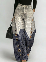 Women's Abstract Line Art Print Casual Stylish Hollow Denim Pants