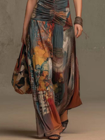 Mixed Cotton Oil Painting Print Halter Neck Front-ruched High-waist High-stretch Draping Wide-leg Jumpsuit
