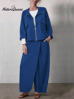 Women's Casual Zippered Cotton Jacket And Pants Two-piece Set