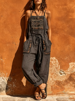 Boho Embroidered Cotton Gauze Spaghetti Strap Harem Jumpsuit